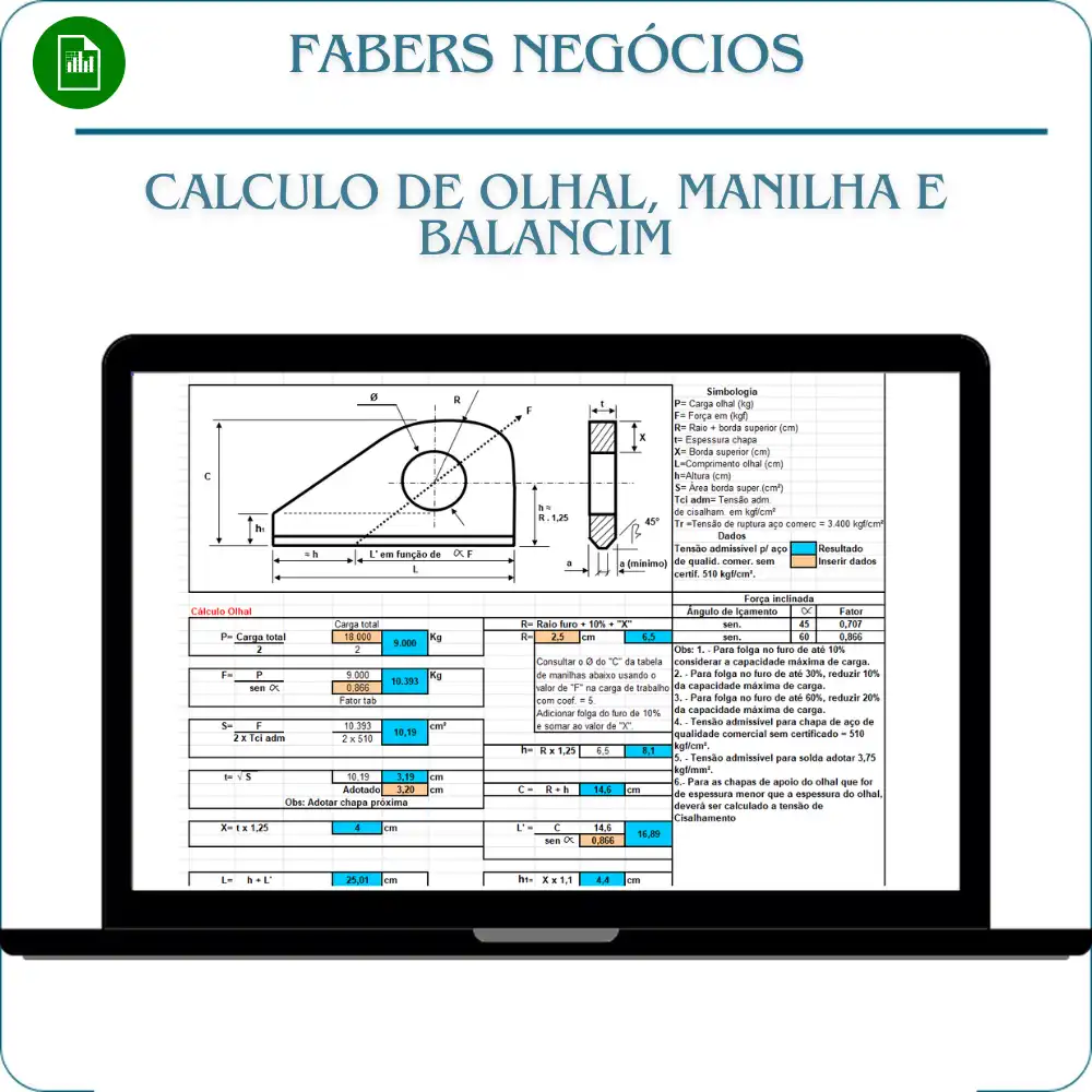 Planilha Cálculo Olhal e Manilhas Em Excel