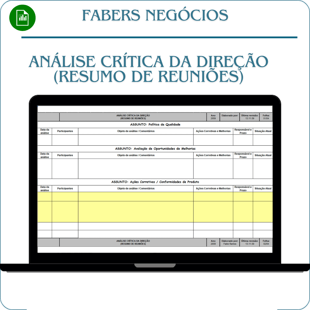 Planilha Análise Crítica da Direção (Resumo de Reuniões)