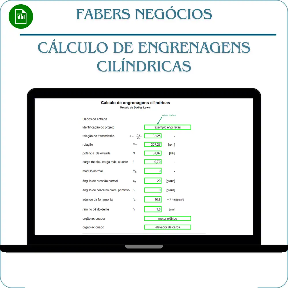 Planilha de Cálculo e dimensionamento de engrenagens cilíndricas em Excel
