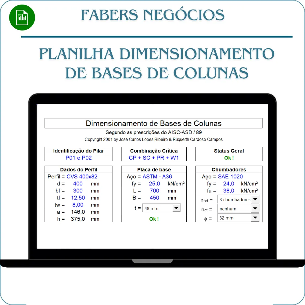 Planilha Dimensionamento de bases de colunas em Excel