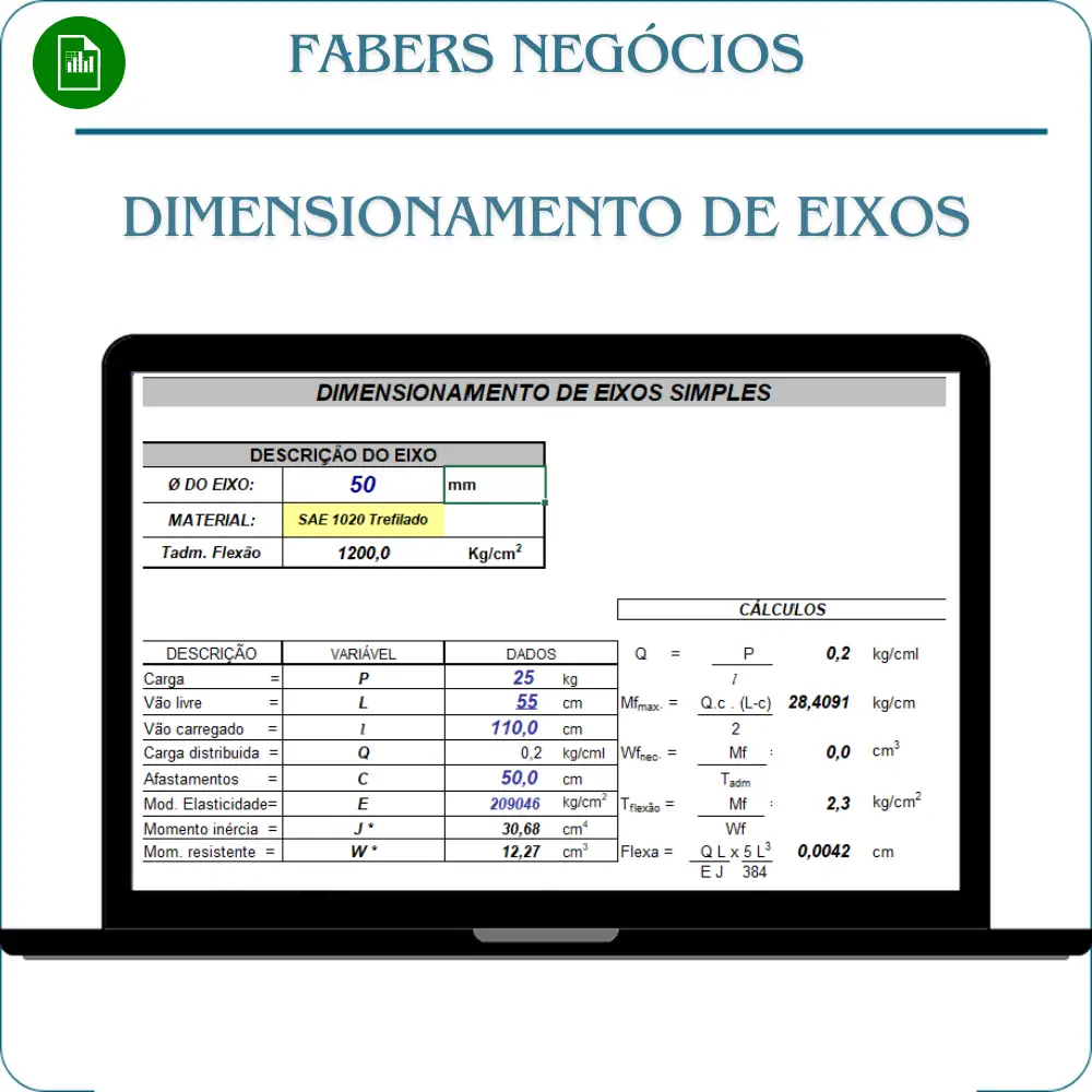 Planilha de Dimensionamento de eixos simples em Excel