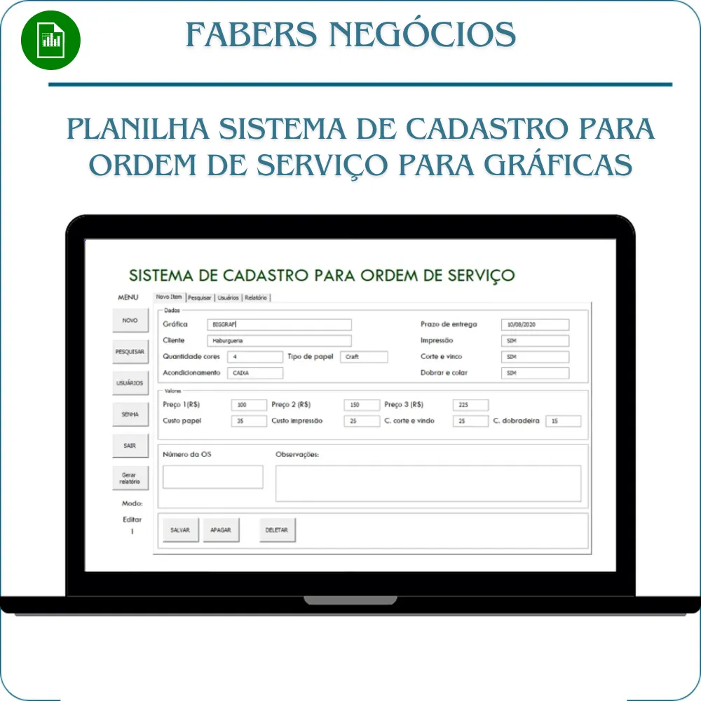 Planilha Sistema de cadastro para ordem de serviço para Gráficas em Excel