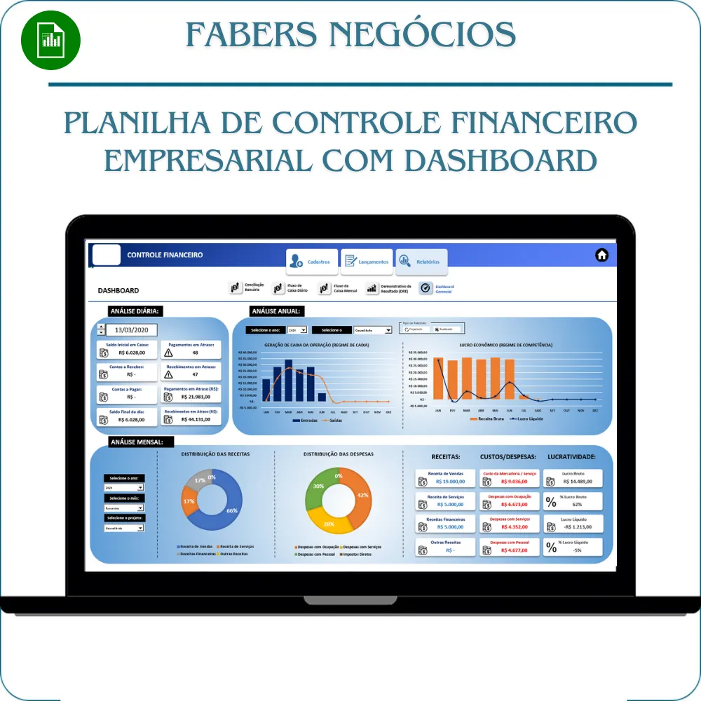 Planilha de Controle Financeiro Empresarial com Dashboard em Excel