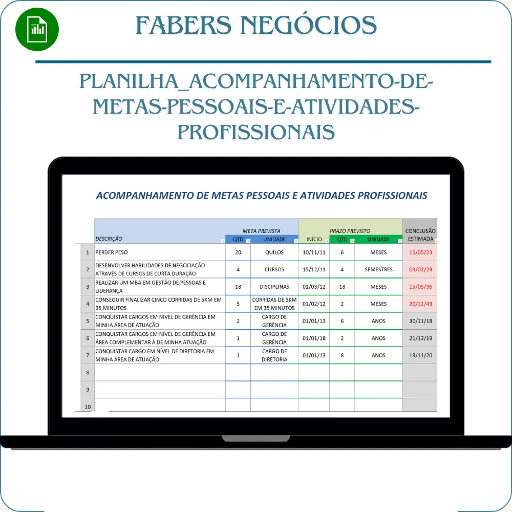 Planilha de acompanhamento de metas-pessoais e atividades profissionais